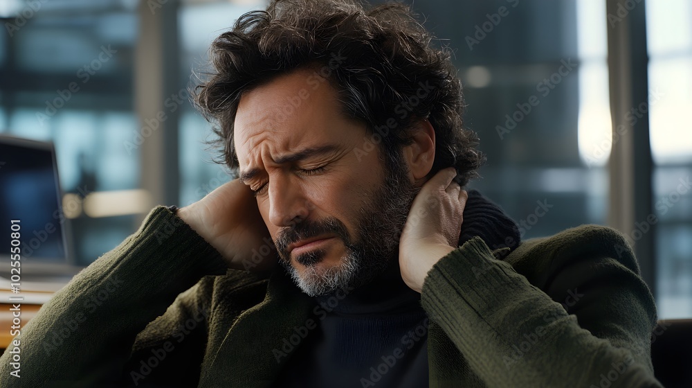 Male Office Worker with Neck Pain in Modern Workspace Male Office Worker with Neck Pain in Modern Workspace
