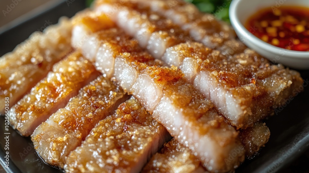 Crispy Pork Belly with Dipping Sauce on Plate Crispy Pork Belly with Dipping Sauce on Plate