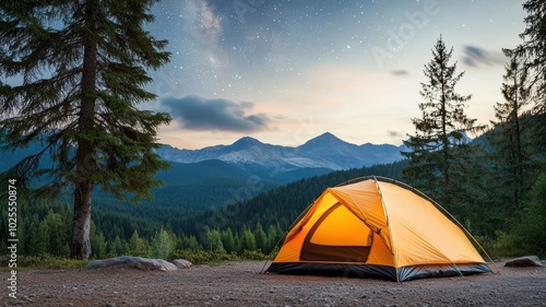 A beautifully lit camping tent at night