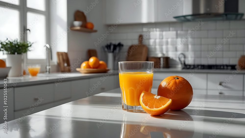 Fresh orange juice sliced orange on white table in modern kitchen, healthy food concept. Fresh orange juice sliced orange on white table in modern kitchen, healthy food concept.