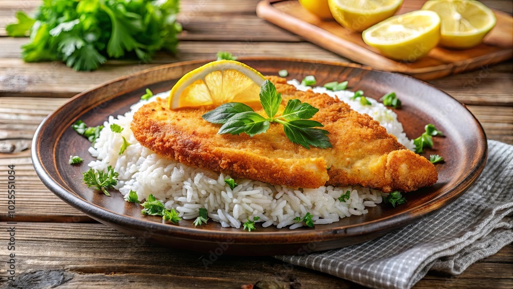 A Golden-Brown Breaded Fillet of Fish, Resting Atop a Bed of Fluffy White Rice and Aromatic Herbs, Garnished with a Slice of Fresh Lemon A Golden-Brown Breaded Fillet of Fish, Resting Atop a Bed of Fluffy White Rice and Aromatic Herbs, Garnished with a Slice of Fresh Lemon