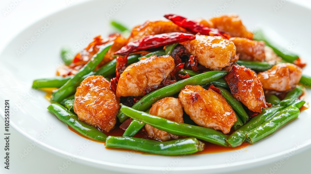 A white plate of stir-fried chicken with green beans, red chili peppers, and a savory sauce. A white plate of stir-fried chicken with green beans, red chili peppers, and a savory sauce.