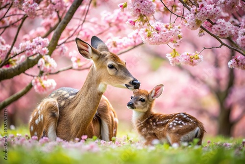 Description: A sweet newborn deer being nuzzled by its mom among cherry blossoms photo