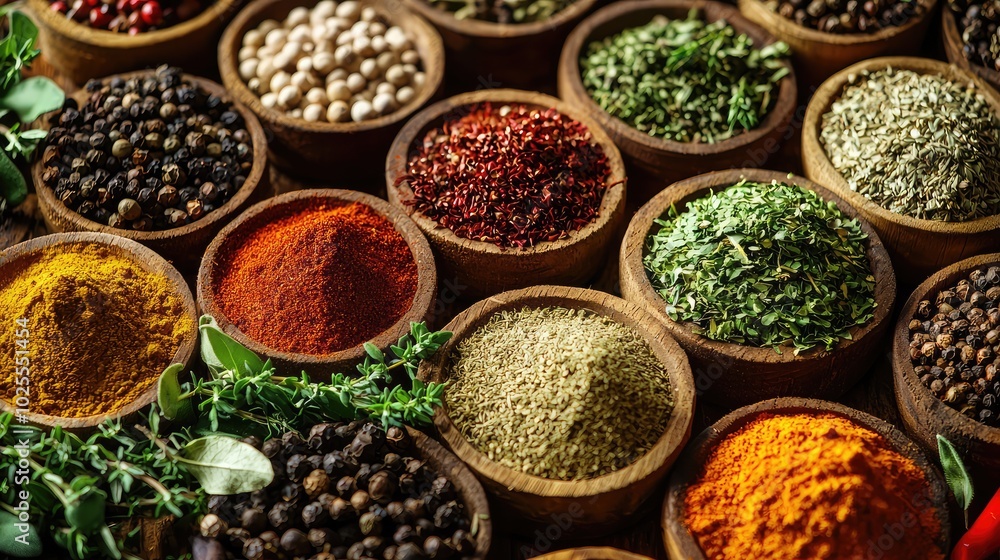 Colorful Collection of Spices and Herbs in Bowls Colorful Collection of Spices and Herbs in Bowls