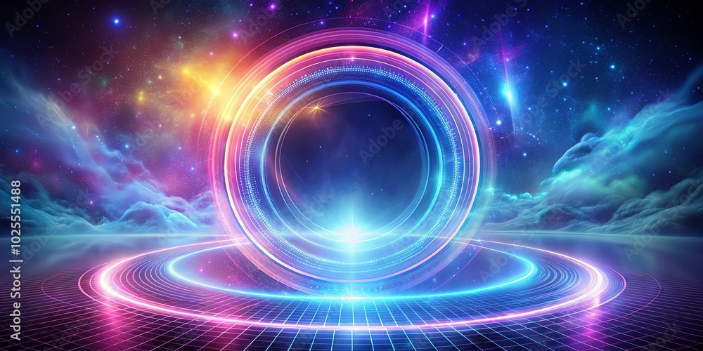 A luminous ring of swirling energy against a backdrop of cosmic dust and celestial nebulae, where light streaks dance across a gridded surface, hinting at a gateway to the unknown. A luminous ring of swirling energy against a backdrop of cosmic dust and celestial nebulae, where light streaks dance across a gridded surface, hinting at a gateway to the unknown.