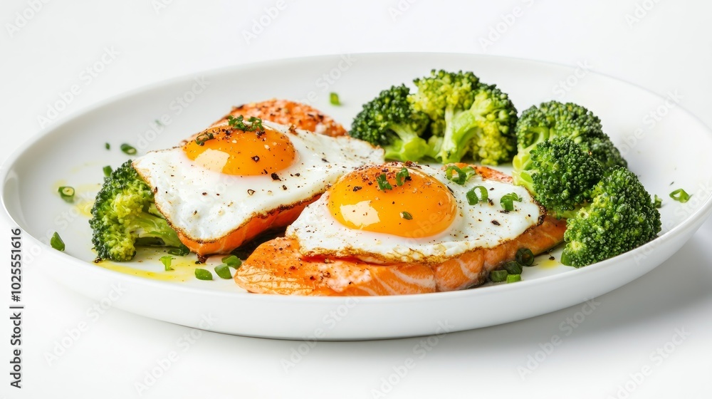 A white plate with a salmon fillet topped with two fried eggs and broccoli florets. A white plate with a salmon fillet topped with two fried eggs and broccoli florets.