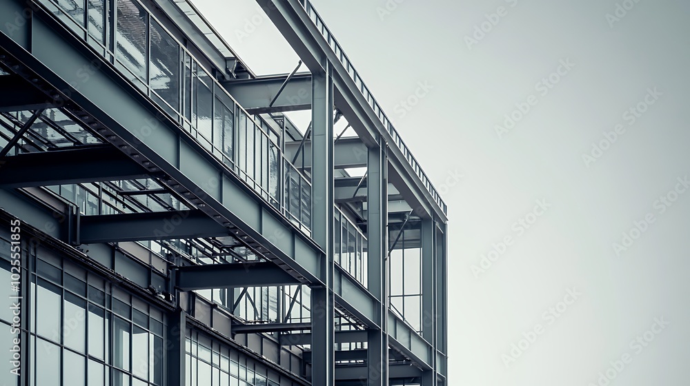Modern building with steel beams and glass windows against a cloudy sky. Modern building with steel beams and glass windows against a cloudy sky.