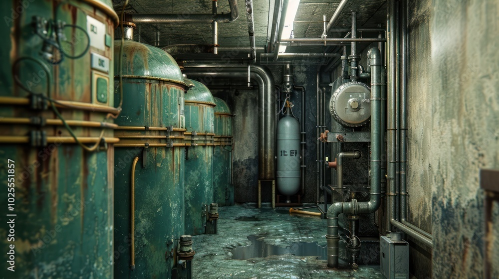 Industrial Underground Room with Green Tanks and Pipes Industrial Underground Room with Green Tanks and Pipes