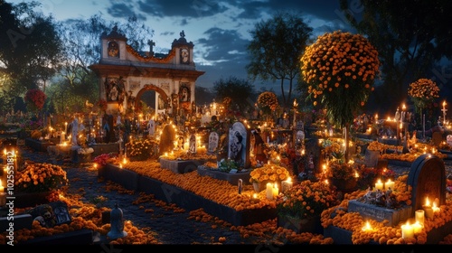 A nighttime cemetery scene during Day of the Dead, with graves decorated with candles, marigold petals, and photos of loved ones. Creating a peaceful and heartfelt tribute to those who have passed.