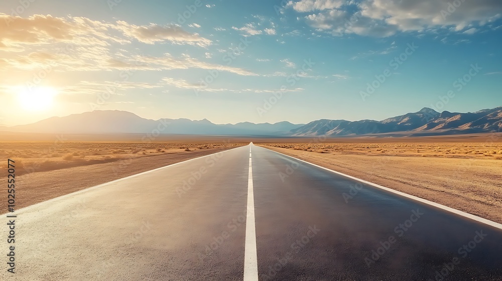 Naklejka premium Empty Road Through Desert Landscape Under Sunset Sky
