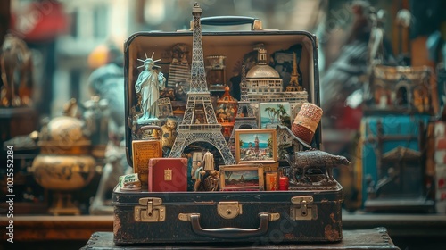 Vintage Suitcase Filled with Unique Travel Souvenirs photo