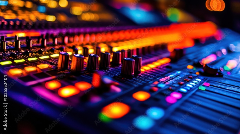 A dynamic shot of a studio mixing console with glowing lights and colorful controls, capturing the high-tech energy of music production. A dynamic shot of a studio mixing console with glowing lights and colorful controls, capturing the high-tech energy of music production.