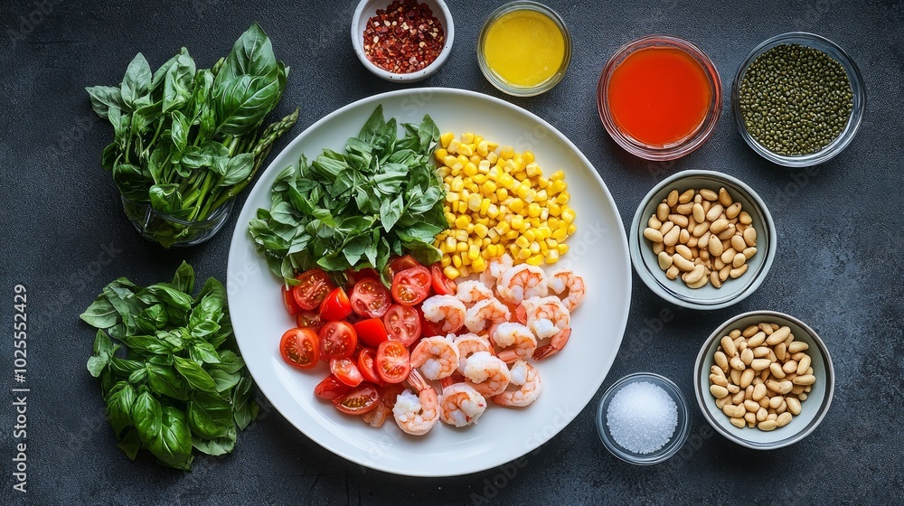 A white plate with shrimp, cherry tomatoes, corn, basil, and pine nuts surrounded by ingredients for a pasta salad. A white plate with shrimp, cherry tomatoes, corn, basil, and pine nuts surrounded by ingredients for a pasta salad.