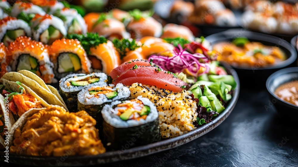 Beautifully Arranged Platter of Sushi and Tacos Beautifully Arranged Platter of Sushi and Tacos