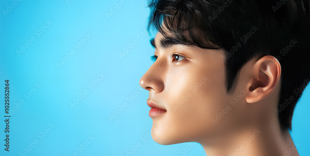 Photo of a Asia man with a perfect nose shape on a blue background Photo of a Asia man with a perfect nose shape on a blue background