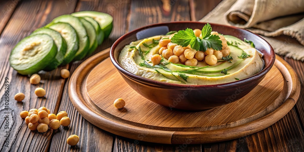 A bowl of creamy hummus topped with fresh cucumber slices and chickpeas, garnished with parsley, on a wooden serving tray. A bowl of creamy hummus topped with fresh cucumber slices and chickpeas, garnished with parsley, on a wooden serving tray.