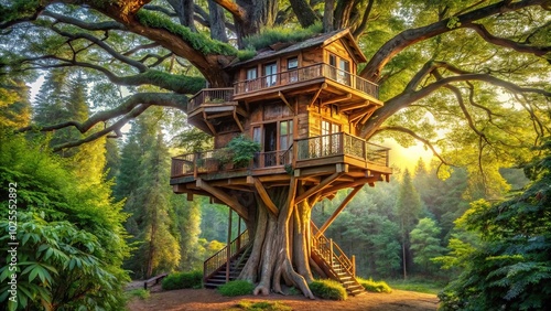 description: Elaborate treehouse in giant tree branches