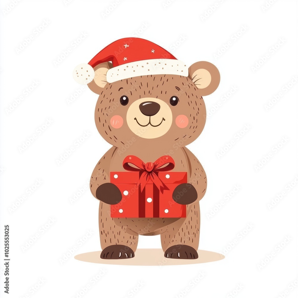 Cute bear wearing Christmas cap holding a gift box isolated over white background. Cute bear wearing Christmas cap holding a gift box isolated over white background.