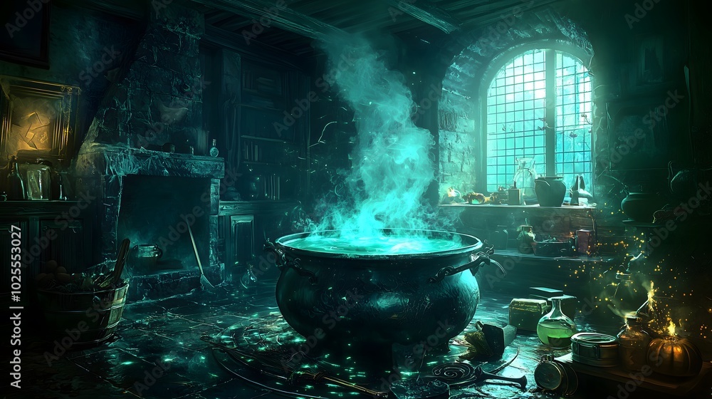 Mysterious Witch's Cauldron in Dark Room Mysterious Witch's Cauldron in Dark Room