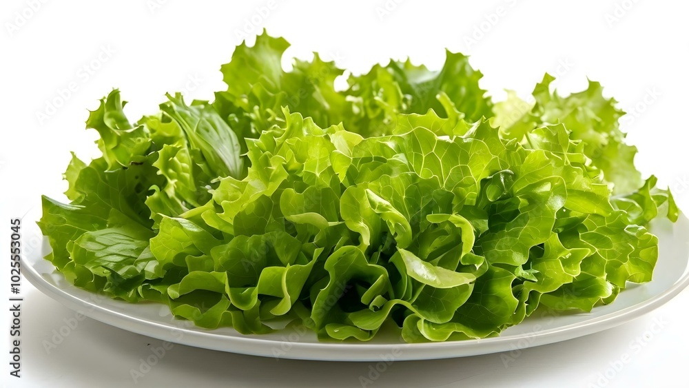 A white plate holds a portion of fresh lettuce, illustrating its bright green leaves and appealing presentation. A white plate holds a portion of fresh lettuce, illustrating its bright green leaves and appealing presentation.