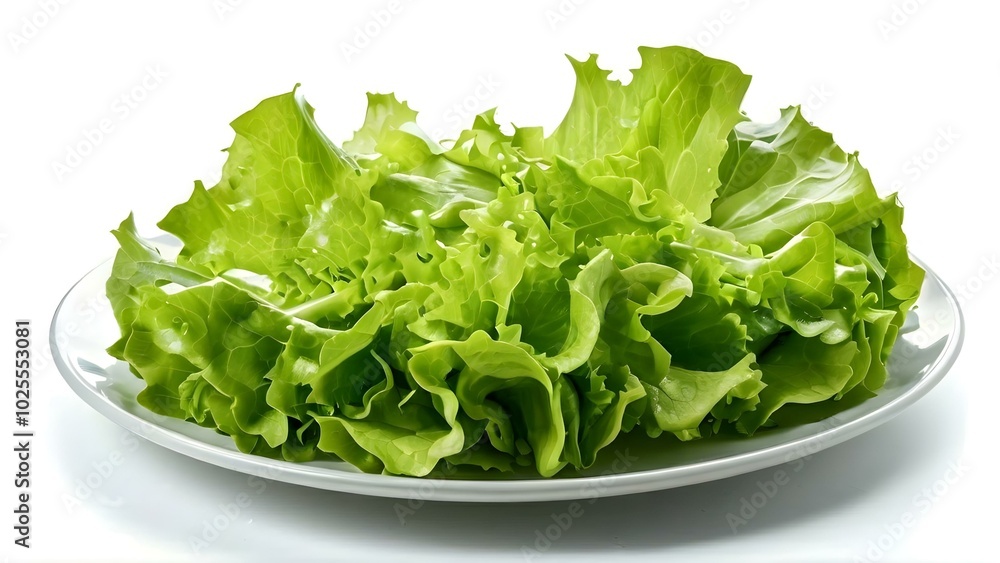 A white plate featuring a serving of fresh lettuce, highlighting its lush green leaves and healthy appearance. A white plate featuring a serving of fresh lettuce, highlighting its lush green leaves and healthy appearance.