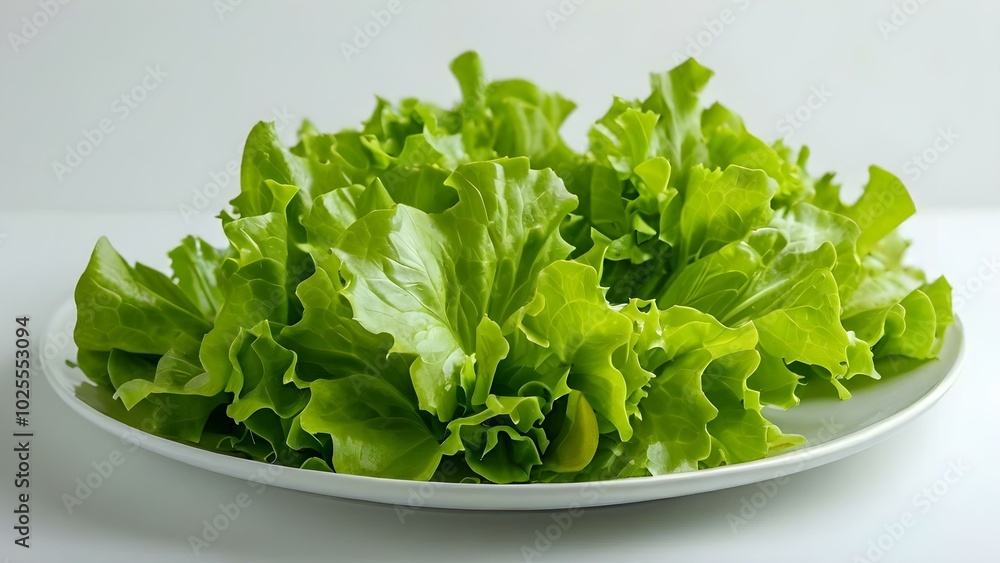 Fresh green lettuce arranged neatly on a white plate, showcasing its vibrant color and crisp texture. Fresh green lettuce arranged neatly on a white plate, showcasing its vibrant color and crisp texture.