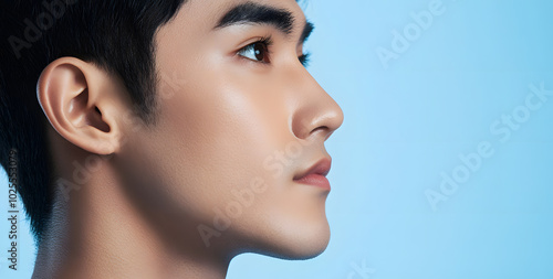 Photo of a Asia, Laos man with a perfect nose shape on a blue background