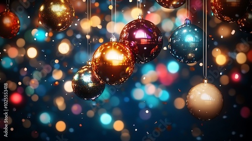 Shiny Christmas Ornaments Hanging Against Blurred Lights