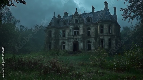 Creepy Old Mansion with Broken Windows Surrounded by Fog