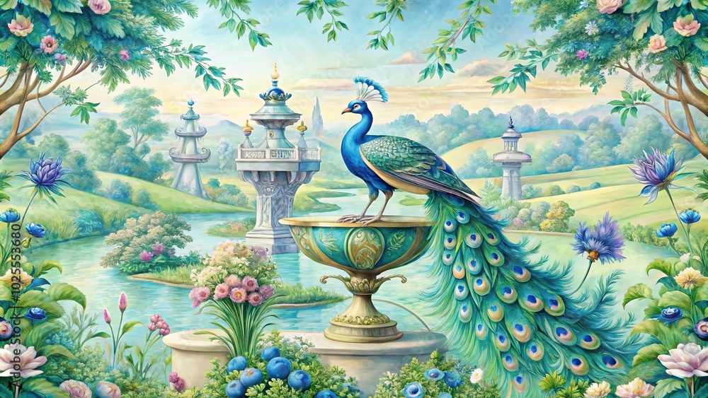 Fototapeta premium A peacock perched on a golden pedestal in a surreal landscape with cascading waterfalls and stylized structures, surrounded by vibrant flowers and lush greenery.