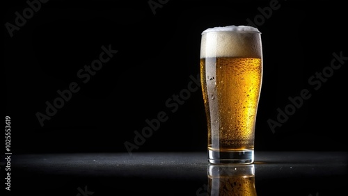 description: Glass of beer with condensation droplets on black background