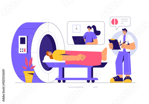 MRI or Magnetic Resonance Imaging Illustration featuring a Doctor and Patient during a Medical Examination with a CT Scan Machine in a Flat Background