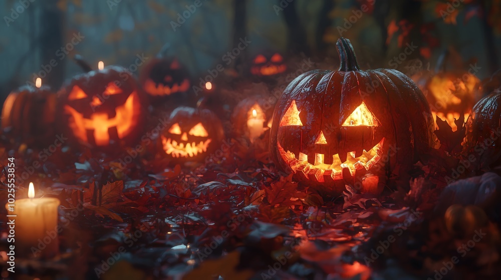 Spooky Halloween Scene with Intricately Carved Pumpkins Spooky Halloween Scene with Intricately Carved Pumpkins