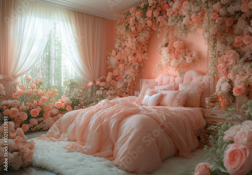 A pink bedroom with a bed covered in pink sheets and a floral headboard photo