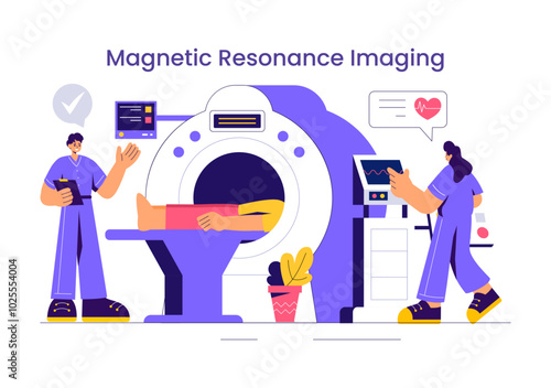 MRI or Magnetic Resonance Imaging Illustration featuring a Doctor and Patient during a Medical Examination with a CT Scan Machine in a Flat Background