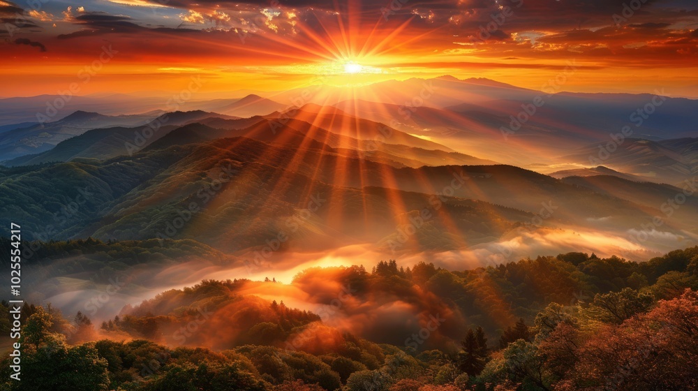 Naklejka premium Golden Hour Over Misty Mountain Ranges