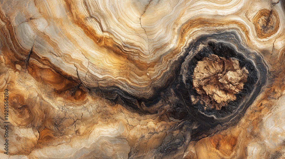Detailed patterns of petrified wood in a desert, with swirling, layered textures creating a natural abstract design Detailed patterns of petrified wood in a desert, with swirling, layered textures creating a natural abstract design