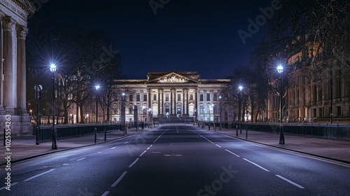 A wide shot of a classic building at night with streetlights lighting up the empty road.