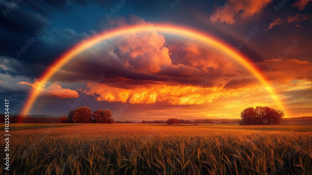 A rainbow arcs across the sky after a rainstorm, casting its colors over a rural landscape of fields and distant trees, symbolizing renewal. A rainbow arcs across the sky after a rainstorm, casting its colors over a rural landscape of fields and distant trees, symbolizing renewal.