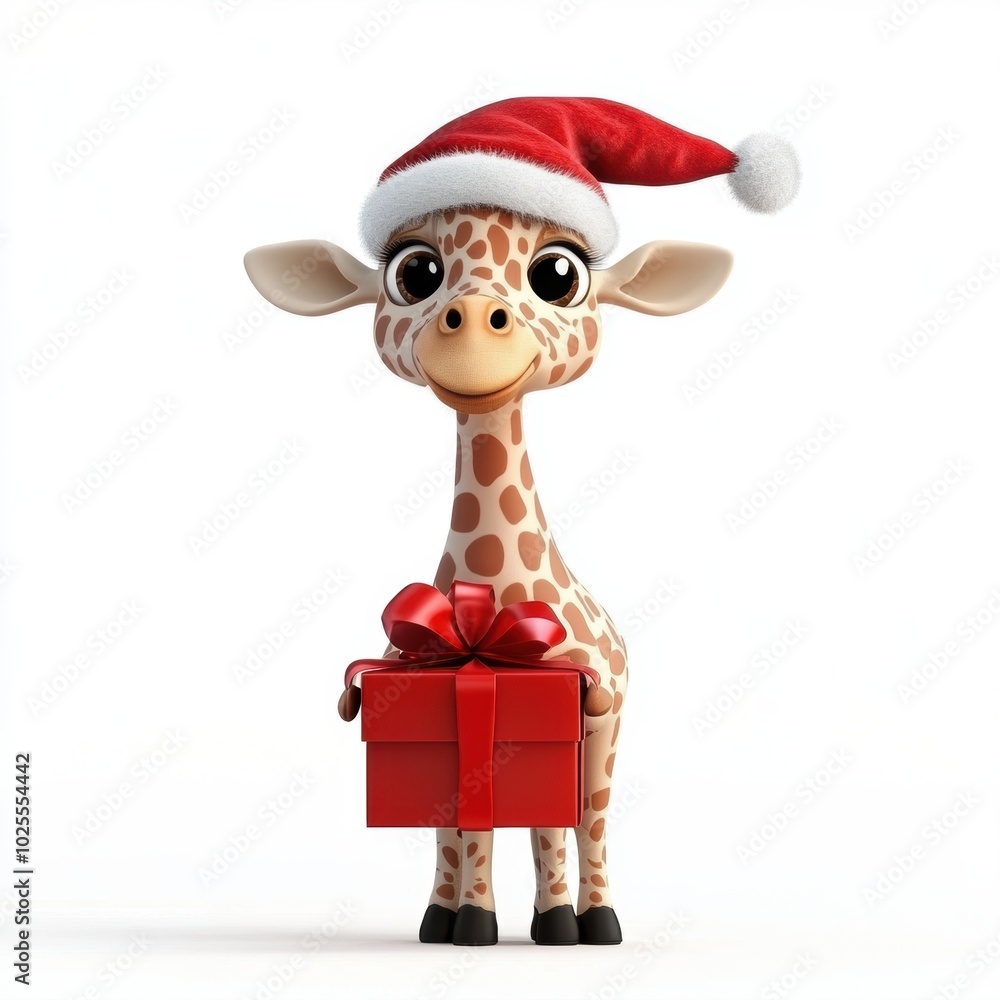 3D rendering cute giraffe holding a gift box isolated over white background. 3D rendering cute giraffe holding a gift box isolated over white background.