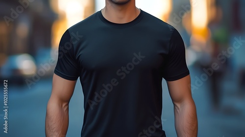 Man Wearing Black T-Shirt Mockup Design Template