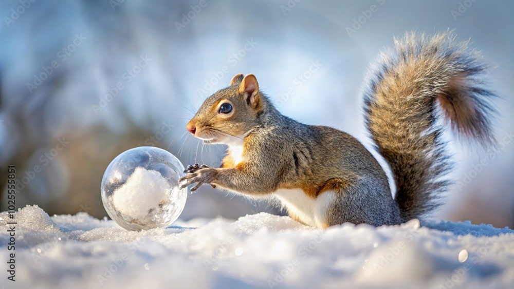 description: Playful squirrel rolling ice ball description: Playful squirrel rolling ice ball