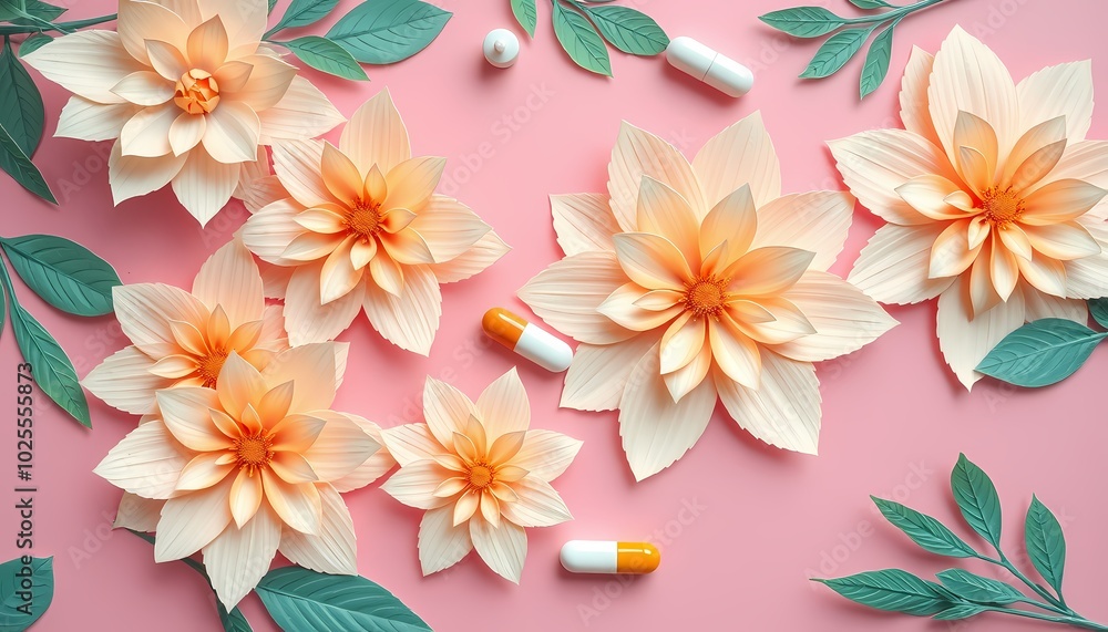 Pastel paper flowers and white pills with leaves on a pink background. Concept of alternative medicine and health Pastel paper flowers and white pills with leaves on a pink background. Concept of alternative medicine and health