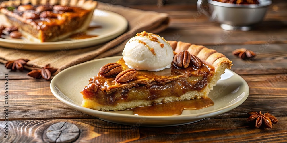 A Slice of Caramel Pecan Pie with a Scoop of Vanilla Ice Cream on a Rustic Wooden Table A Slice of Caramel Pecan Pie with a Scoop of Vanilla Ice Cream on a Rustic Wooden Table