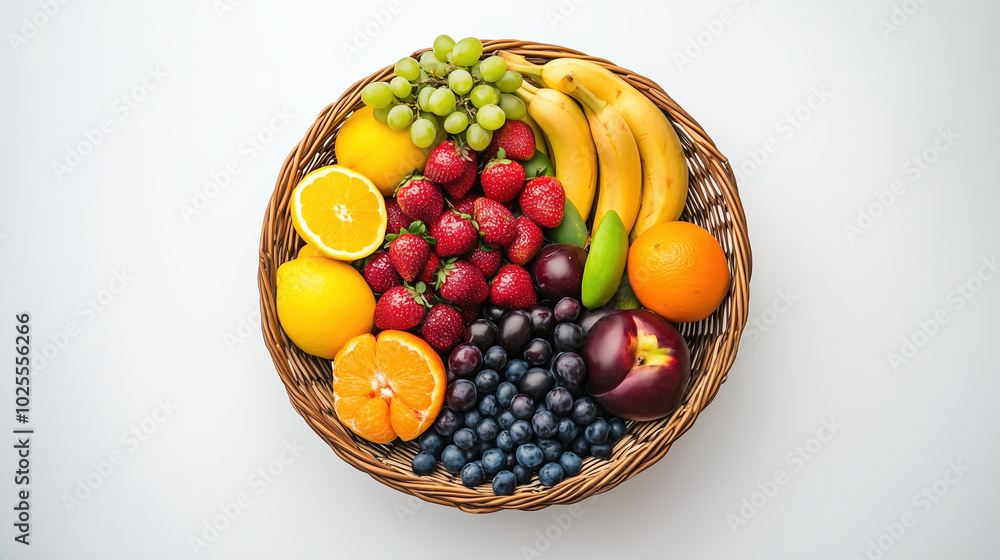 Vibrant Basket of Fresh Seasonal Fruits on a White Background Featuring Apples, Oranges, Grapes, Bananas, and Berries Vibrant Basket of Fresh Seasonal Fruits on a White Background Featuring Apples, Oranges, Grapes, Bananas, and Berries