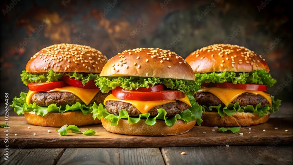 A Trio of Juicy Cheeseburgers with Sesame Seed Buns, Crisp Lettuce, and Sliced Tomatoes on a Wooden Board A Trio of Juicy Cheeseburgers with Sesame Seed Buns, Crisp Lettuce, and Sliced Tomatoes on a Wooden Board
