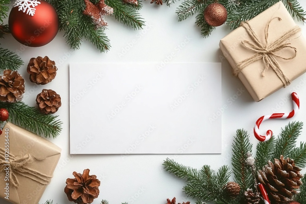 Flat lay composition with Christmas decor and blank card on white background. Space for text Flat lay composition with Christmas decor and blank card on white background. Space for text