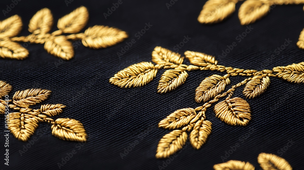 Closeup of golden embroidery on a royal robe, soft focused ambient lighting, intricate patterns shimmering Closeup of golden embroidery on a royal robe, soft focused ambient lighting, intricate patterns shimmering