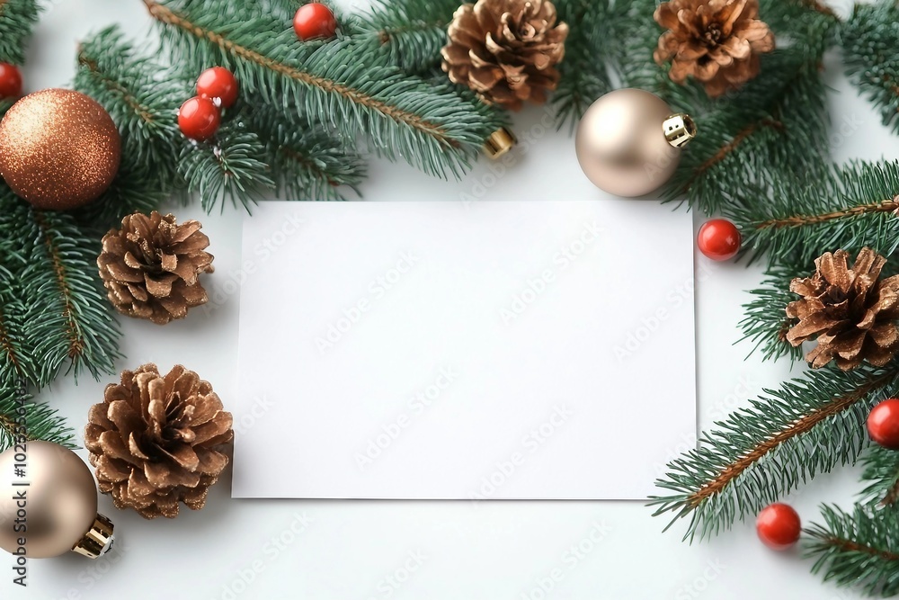 Flat lay composition with Christmas decor and blank card on white background. Space for text Flat lay composition with Christmas decor and blank card on white background. Space for text
