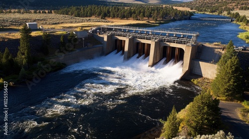 Aerial view of a hydroelectric power plant, water rushing through turbines with the surrounding landscape, emphasizing renewable energy